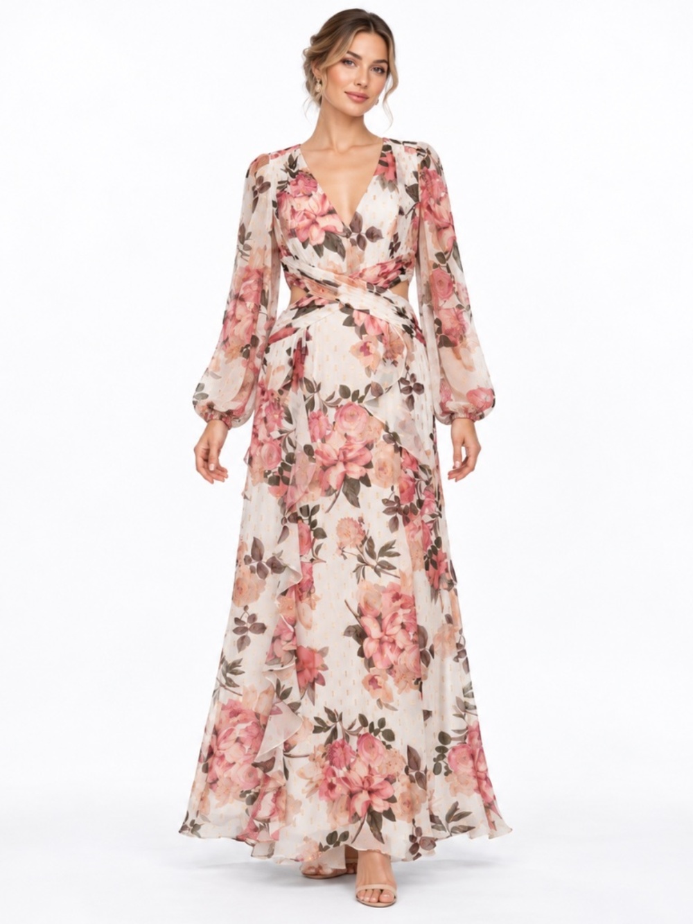 Xscape - Floral Metallic Chiffon Cutout Long Sleeve Gown